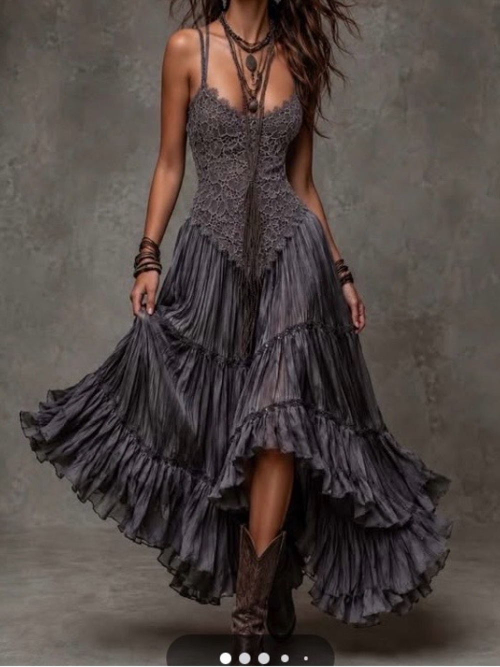 Boho Lace High-Low Maxi Dress in Charcoal Gray